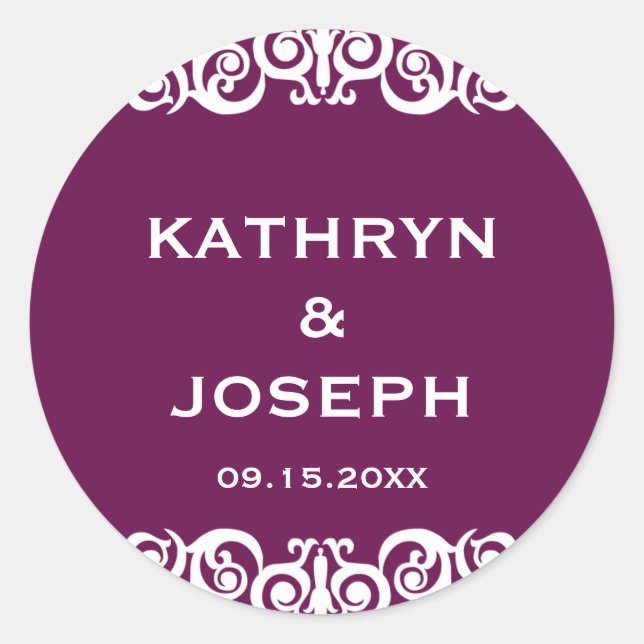 Midnight plum Victorian scroll wedding favor label (Front)