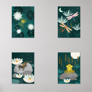 Midnight Pond Frog, Dragonfly, Salamander Poster Wall Art Sets