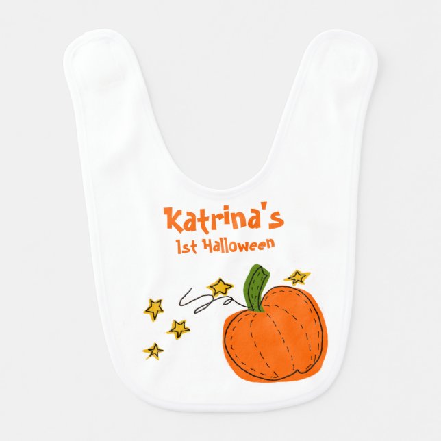 Midnight Pumpkin | Orange Pumpkin  Gold Stars Baby Bib (Front)