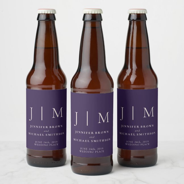 Midnight Purple Cheers Monogram Wedding Beer Bottle Label
