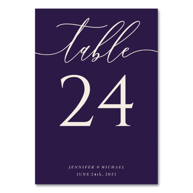 Midnight Purple Flowing Script Table Number (Front)