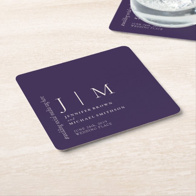 Midnight Purple Modern Wedding Monogram Square Paper Coaster