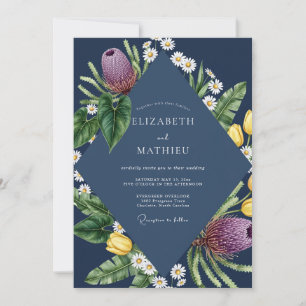 Midnight Purple Protea Eucalyptus Wedding Invitation