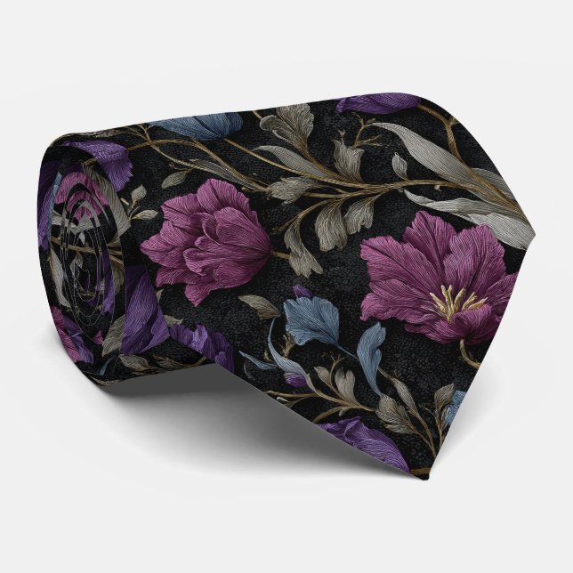 Midnight Purple Rose Wedding Neck Tie (Rolled)