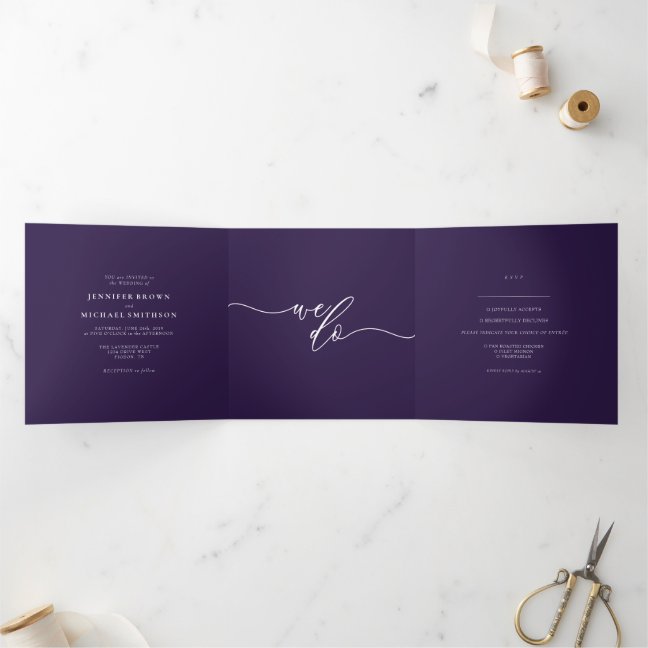 Midnight Purple Rsvp Minimalist Calligraphy Tri-Fold Card