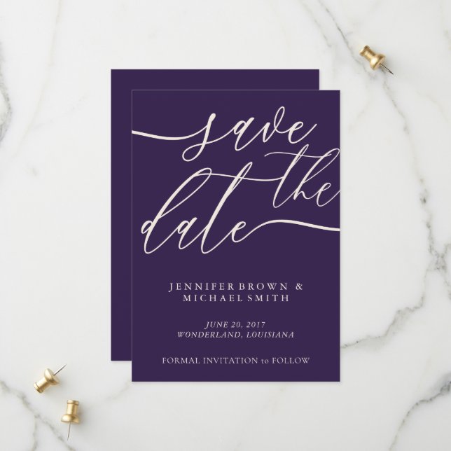 Midnight Purple Save The Date Calligraphy (Front/Back In Situ)