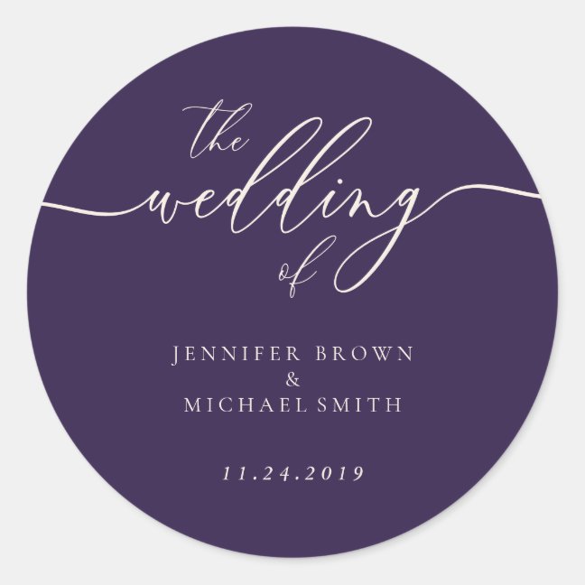 Midnight Purple The Wedding Elegant Script Classic Round Sticker
