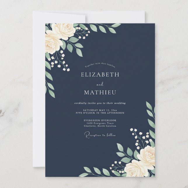 Midnight Ranunculus Leaf Wedding Invitation (Front)