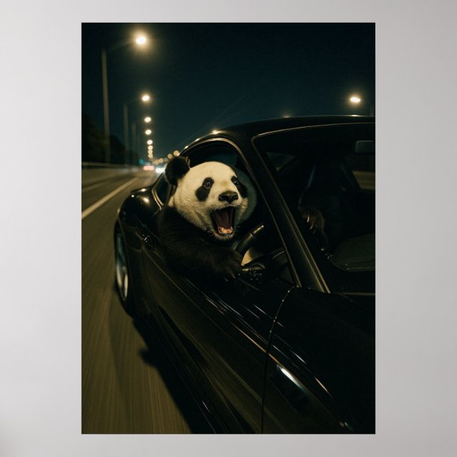 Midnight Ride – Funny Panda in a Sports Car Wall A Poster (Front)