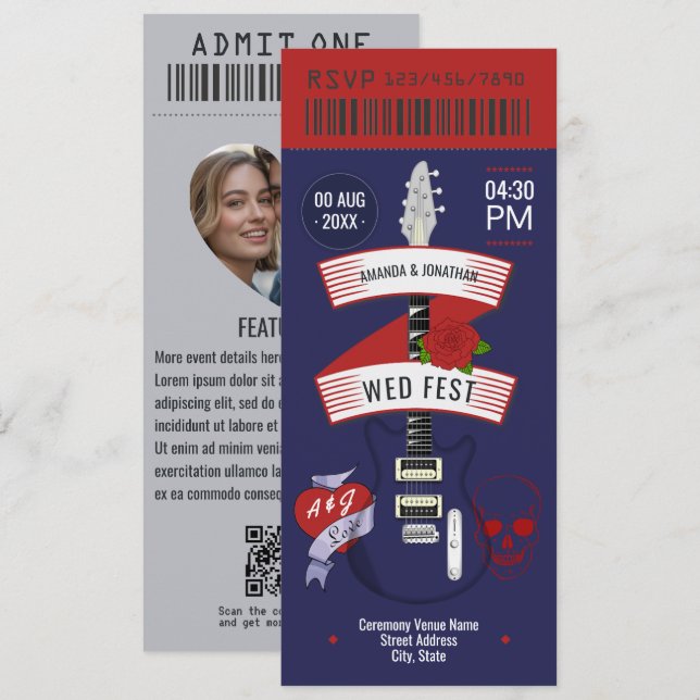 Midnight Riot Rock ’n’ Roll Wedding Ticket Invitation (Front/Back)