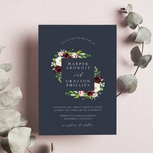 Midnight Romance   Navy & Burgundy Floral Wedding Invitation