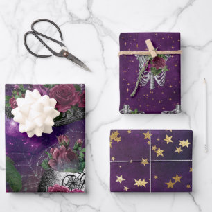 Midnight Romantic Gothic Witch and Roses Wrapping Paper Sheets