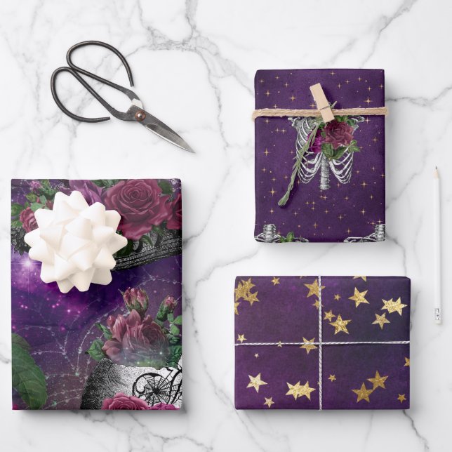 Midnight Romantic Gothic Witch and Roses Wrapping Paper Sheets (Front)