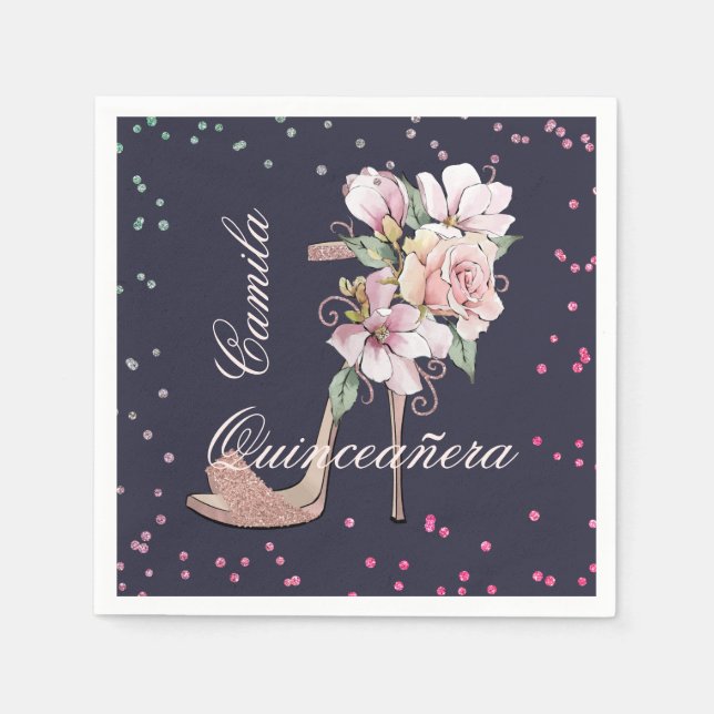 Midnight Rose Gold Sandal Quinceañera Napkins (Front)