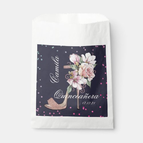 Midnight Rose Gold Sandal Quinceaera Napkins Wine Favor Bag