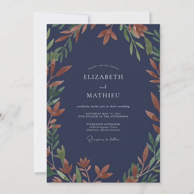 Midnight Rust Foliage Eucalyptus Wedding Invitation (Front)