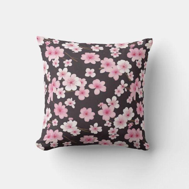 Midnight Sakura: A Cherry Blossom Symphony Throw Pillow (Front)
