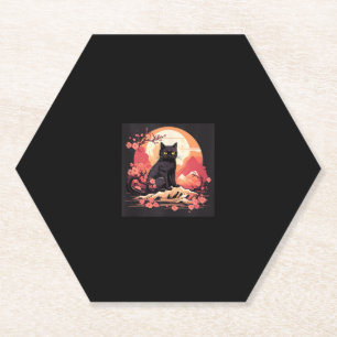 Midnight Sakura Black Cat Moon and Cherry Blossoms Paper Coaster