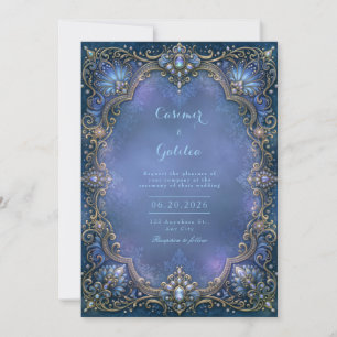 Midnight Sapphire Jeweled Filigree Frame Wedding Invitation