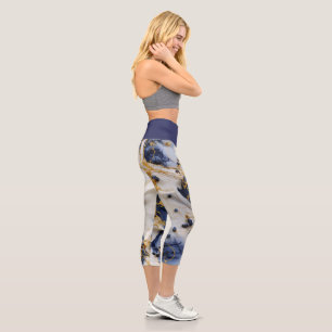 Midnight Sapphire Marble with Gold Threads Capri Leggings