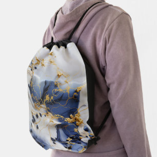 Midnight Sapphire Marble with Gold Threads Drawstring Bag
