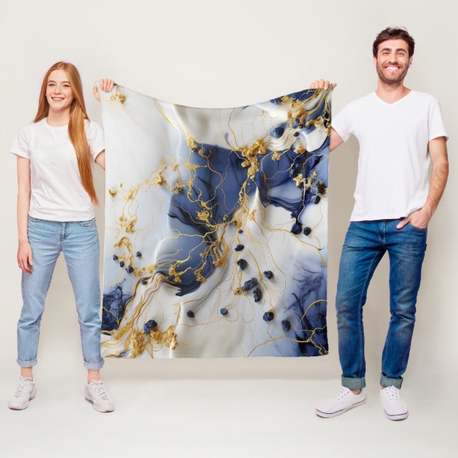 Midnight Sapphire Marble with Gold Threads Fleece Blanket (In Situ)