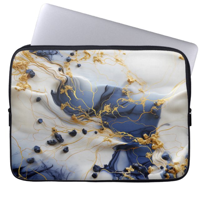 Midnight Sapphire Marble with Gold Threads Laptop Sleeve (Front)
