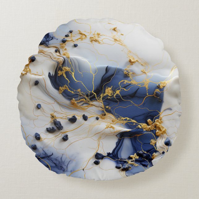 Midnight Sapphire Marble with Gold Threads Round Pillow (Front)