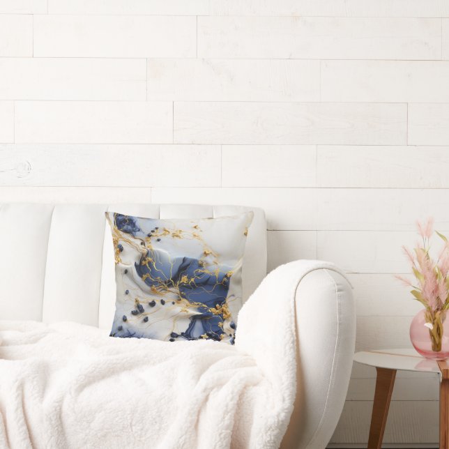 Midnight Sapphire Marble with Gold Threads Throw Pillow (Couch)