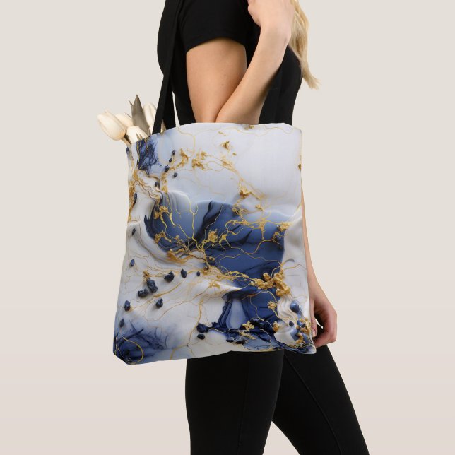 Midnight Sapphire Marble with Gold Threads Tote Bag (Close Up)