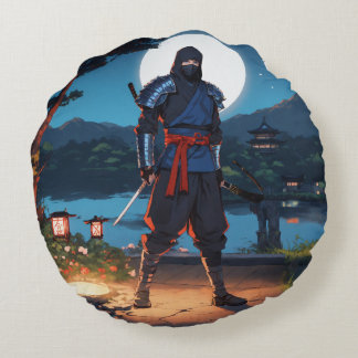 Midnight Shinobi Warrior: Stealth Ninja Moonlight Round Pillow