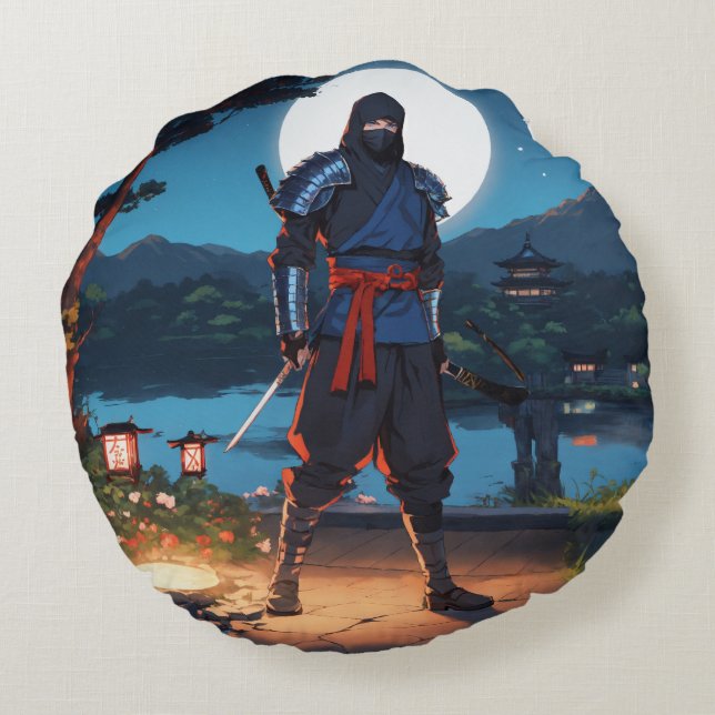 Midnight Shinobi Warrior: Stealth Ninja Moonlight  Round Pillow (Back)