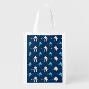 Midnight, Sky Blue, Tan, Ice Hockey Chevron Reusable Grocery Bag