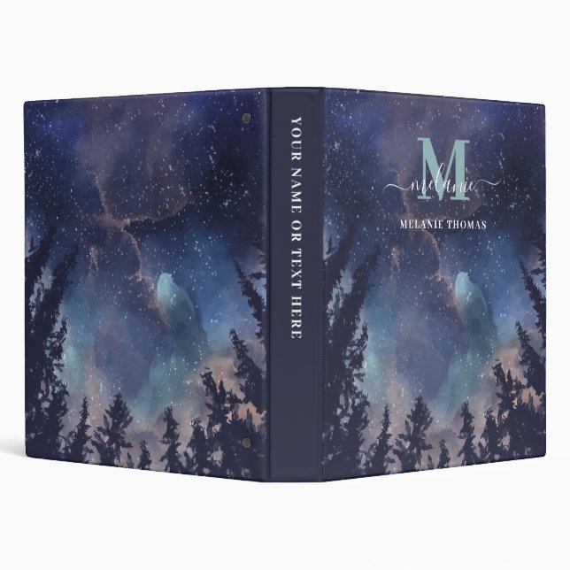 Midnight Sky Forest Custom Name Monogram 3 Ring Binder (Background)