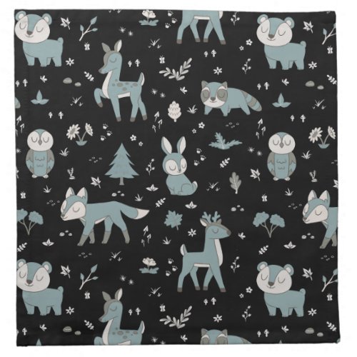 Midnight Sleepy Little Woodland Critters Cloth Napkin