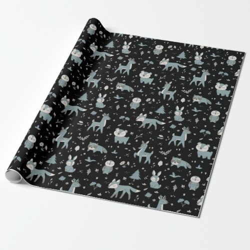 Midnight Sleepy Little Woodland Critters Wrapping Paper