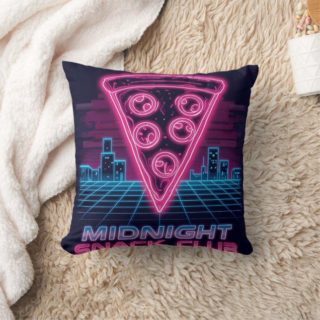 Midnight Snack Club – Neon Synthwave Pizza Slice T Throw Pillow (Blanket)