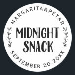 Midnight Snack Wedding Classic Round Sticker<br><div class="desc">Midnight Snack Wedding. Add a fun touch of color and unique style to your wedding or bridal shower favors. A bridal shower favor bag is a great addition to party planning. These unique bags will easily be used as a gift and can serve as a beautiful decoration at your wedding...</div>