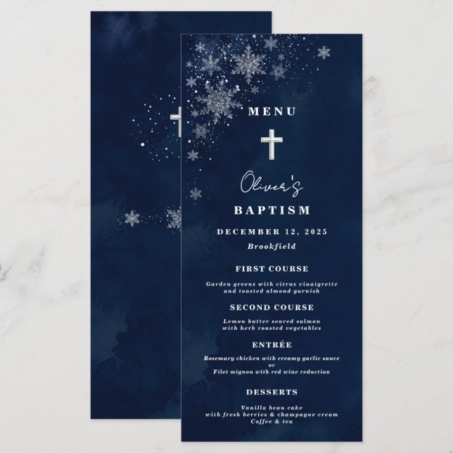 Midnight Snowflakes Winter Baptism Flat Menu (Front/Back)