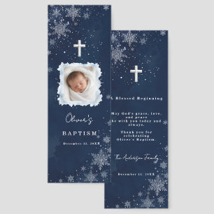 Midnight Snowflakes Winter Photo Baptism Thank You Bookmarks