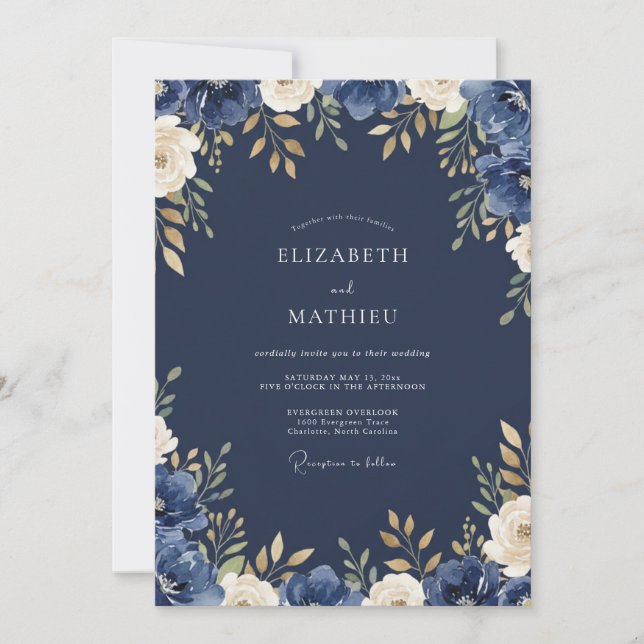 Midnight Soft Gold Leafy Wedding Invitation (Front)