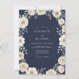 Midnight Soft Ivory Ranunculus Eucalyptus Wedding Invitation