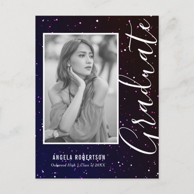 Midnight Space Glitter Photo Graduation Invitation Postcard (Front)