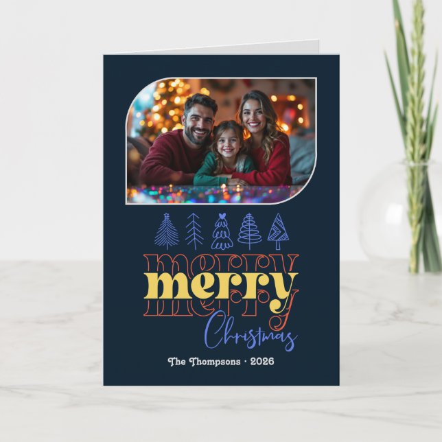 Midnight Starbust Hand Drawn Merry Christmas Photo Holiday Card (Front)
