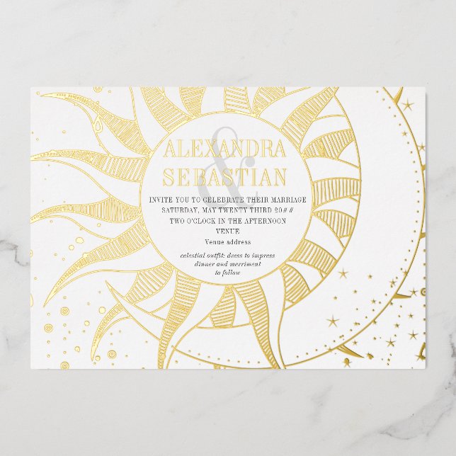 Midnight Stars Moon Sun Celestial Wedding Silver Foil Invitation (Front)