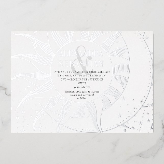 Midnight Stars Moon Sun Celestial Wedding Silver Foil Invitation (Front)