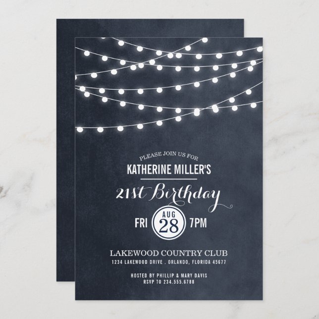 Midnight String Lights 21st Birthday Party Invite (Front/Back)