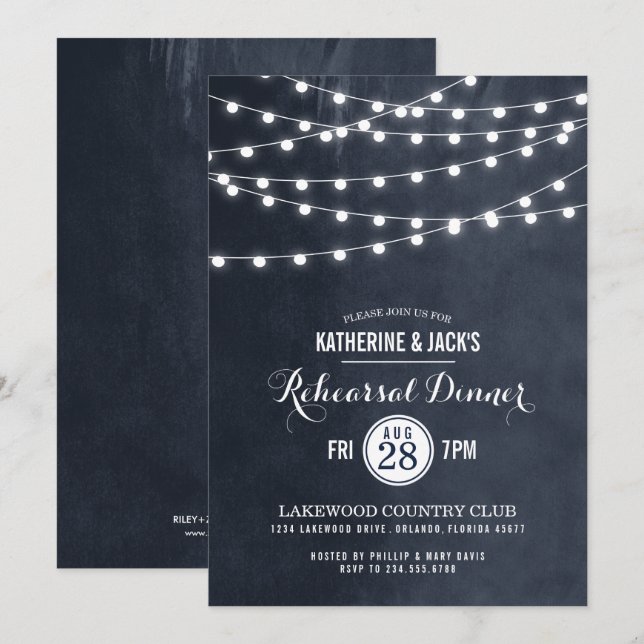 Midnight String Lights Rehearsal Dinner Invitation (Front/Back)
