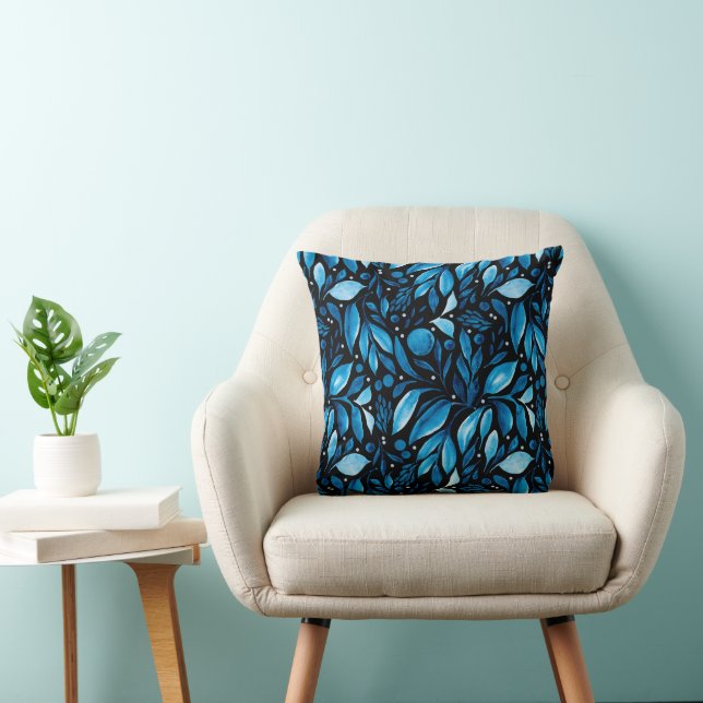 Midnight Stroll Blue Botanical on Black Throw Pillow (Chair)