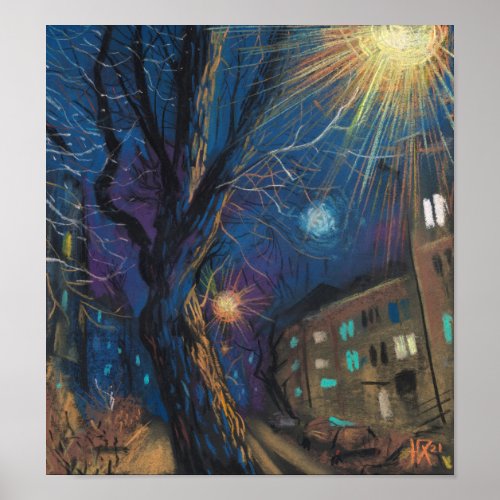 Midnight Sun Night Street Tree Landscape Painting Poster